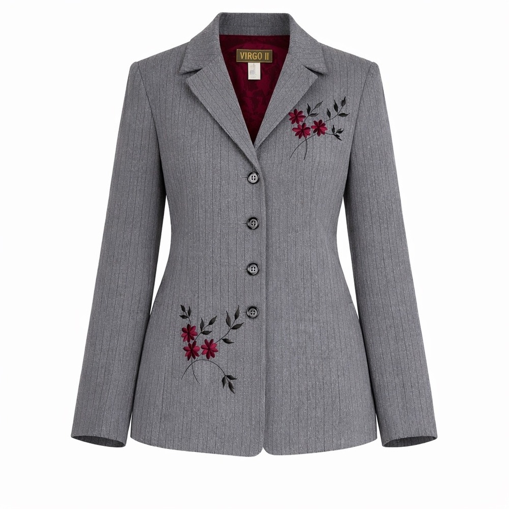 Vtg 1980s Virgo II‎ Blazer Jacket Size 10 Gray Pinstriped Embroidered Floral USA